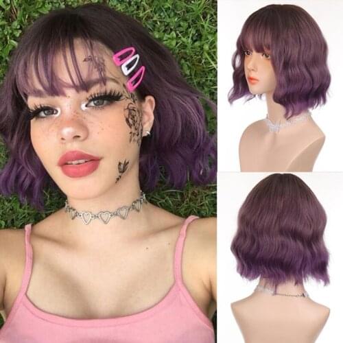 LANLA synthetic wig female short curly hair natural bangs lolita natural lifelike purple wig set jk wig