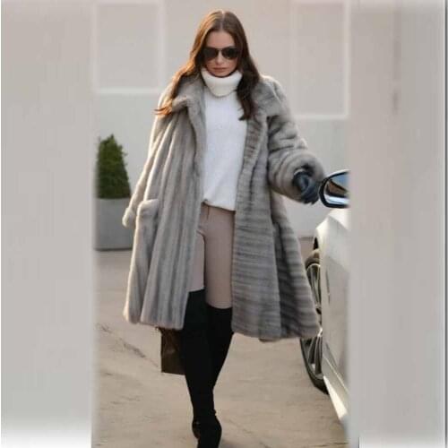 FURSARCAR Real Natural Mink Fur Women Coat With hood Long style stripe Warm Leisure Female Coat Winter Ladies Outwear Jacket