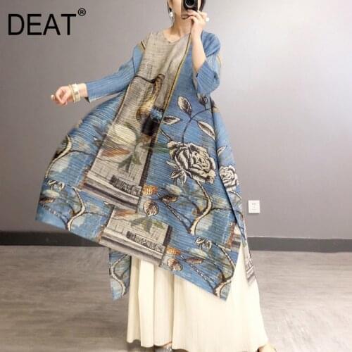 DEAT Frilly Dress Woman Classic Multicolor Print Splid Side Full Sleeve Wild Loose Dresses Casual 2021 New Autumn Fashion AP976