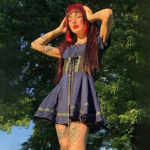 Goth Vintage Blue Corset Dress Mall Gothic Aesthetic Lace Up High Waist Mini Dresses Floral Embroidery Lady Party Dress