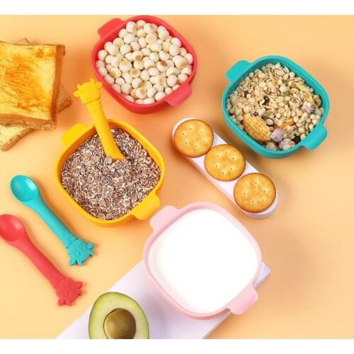 1 Set Childrens Silicone Suction Food Supplement Bowl Square With Spoon Feeding Sets Solid Color Plates For Baby Kids Feeding