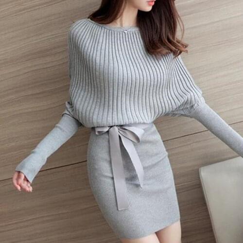 2020 Women Dress Autumn Sexy Slash Neck Long Sleeve Package Hip Knitted Loose Sweater Warm Bodycon Knitted Dresses Female