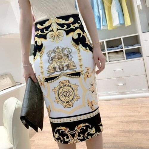 2021 NEW Elegant Floral Retro Print Palace High Waist Stretch Pencil Skirt Sexy Skirt Knee-Length Office Lady Mid Length Skirts