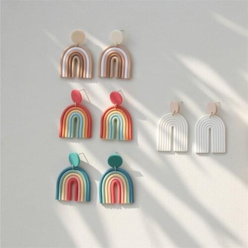 AOMU 2021 New Gradient Ceramic Handmade Clay Rainbow Color Geometric Arched Colorful Line Long Drop Earrings for Women Jewelry