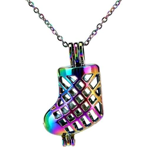 C359 Rainbow Color Christmas Xmas Sock Beads Cage Pendant Locket Necklace Aroma Essential Oil Diffuser