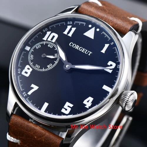 Corgeut 44mm Watch Men 17 Jewels Hand Winding 6497 Movement Luminous Waterproof Mechanical Wristwatches Leather Strap