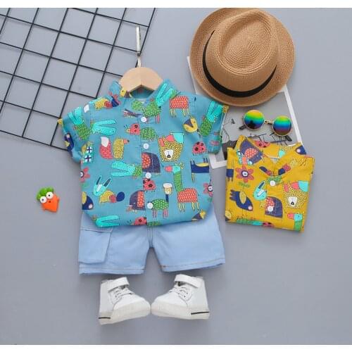 Summer Clothing For Kids Toddler Kids Baby Boys Cartoon Gentleman Shirt Tops+Denim Pocket Shorts Outfit 2Pcs Clothes Sets