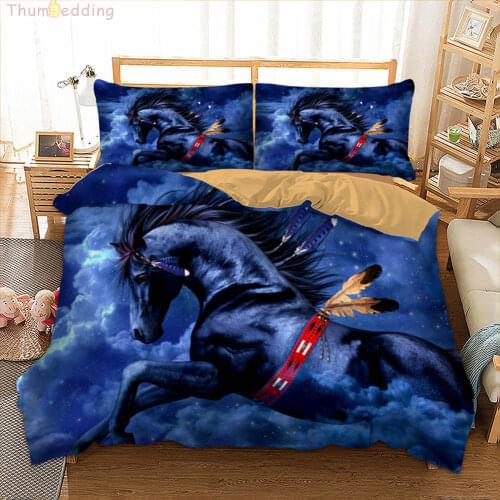 Thumbedding Animal Bedding Set Horse Blue 3D Duvet Cover King Size Twin Full Queen Single Double Bed Cover with Pillowcases 3pcs