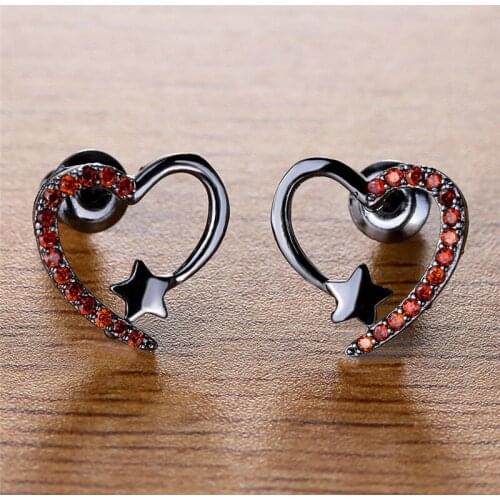 Red Crystal Stone Cute Small Star Earrings Vintage Hollow Heart Stud Earrings For Women Fashion Jewelry Charm Black Gold Earring