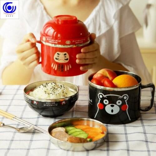 304 stainless steel lunch box office workers bubble noodle bowl with cover cartoon student rice bowl set big fast food cup