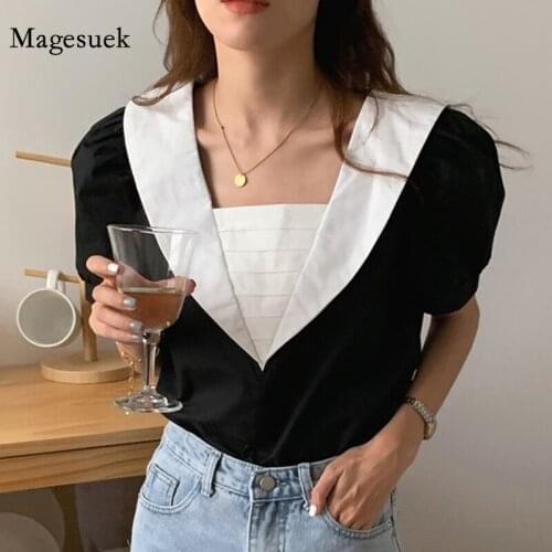 Summer Sexy Backless Lace-up Women Tops 2021 Korean V-neck Puff Sleeve Chic Color Patchwork Lapel Shirt New Loose Blouse 14363