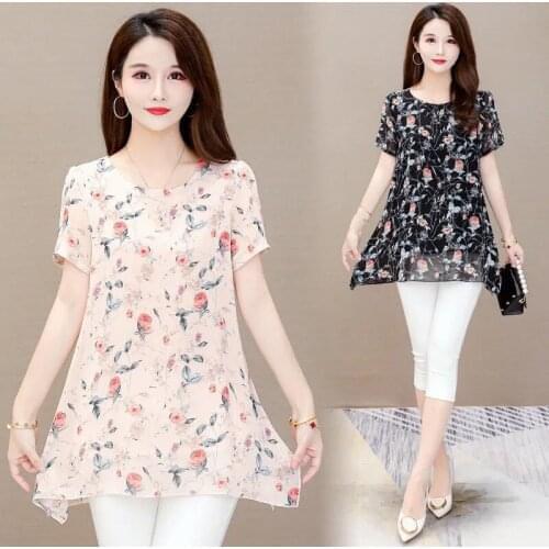 Mothers Fat mm mid long printed chiffon shirt womens short sleeve summer dress