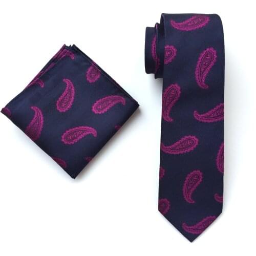 Fashion Mens Necktie Set Purple Paisley Pattern Cravat with Pocket Square