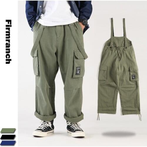 Firmranch New Autumn/Spring Men Amekaji Wide-Leg Suspenders Casual Ins Popular Loose Pockets Cargo Bib Pants Jumpsuit Trousers