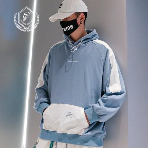 Men Fashion Loose Print Casual Patchwork Pullover Hip Hop Sweatshirts with Hooded