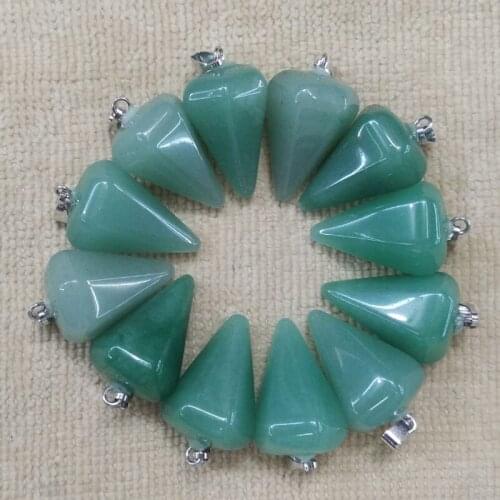 Wholesale 12pcs/lot 2017 fashion natural green aventurine stone hexagon pyramis shape pendants charms for jewelry making free