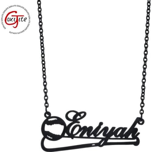 Goxijite Custom Name Necklace For Women Stainless Steel Football Baseball Black Nameplate Letter Pendant Necklace Jewelry Gift