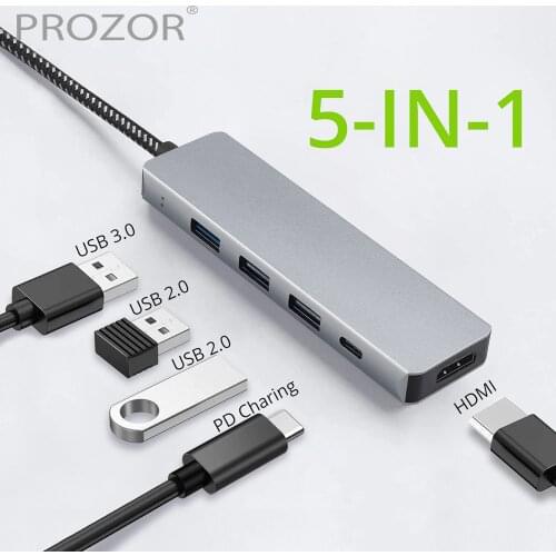 Prozor 5 In 1 USB C Hub Multiport 100W PD Charging Port USB 3.0 Type-C USB C to HDMI-Compatible Adapter 4K Out for MacBook Pro