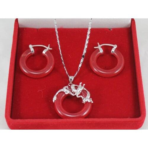 25mm Red Green Fashion Jade tone dragon pendant hood earring Jades Jewelry set