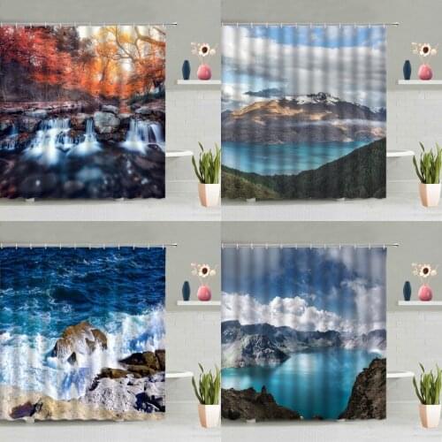 Natural Scenery Shower Curtain Ocean Beach Waterfall Mountain Forest Trees Plants Bathtub Decoration Screen Washable With Hook