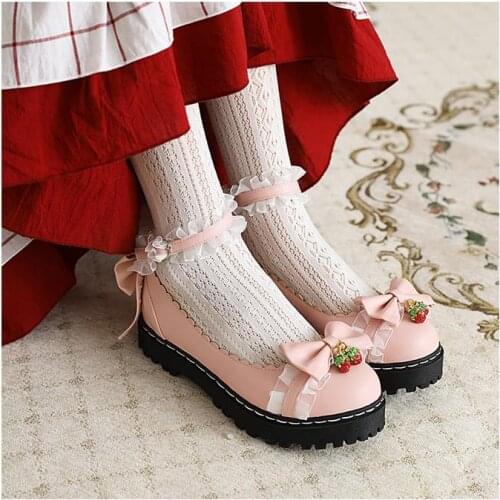 Apanzu Lolita Shoes Pink Girls Sweet Ruffles Bowknot Lace Bridal Wedding Shoes Women Bordered Princess Dress shoe JK Platform