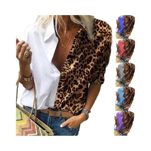 Womans Temperament Top Leopard Spliced Blouse Women Shirts Fall Long Sleeve V-Neck Tops Casual Loose Female Plus Size Blouse