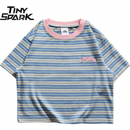 Women T-Shirt Hip Hop Streetwear Striped T Shirt Patchwork Embroidery Letter Harajuku Tshirt 2021 Summer Short Sleeve Tops Tees