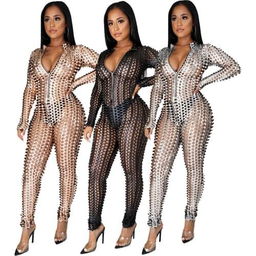 See Through Hollow Out Skinny Jumpsuit Woman Long Sleeve Front Zipper Up Nightclub Wear Bodycon One Piece Charming Outfits