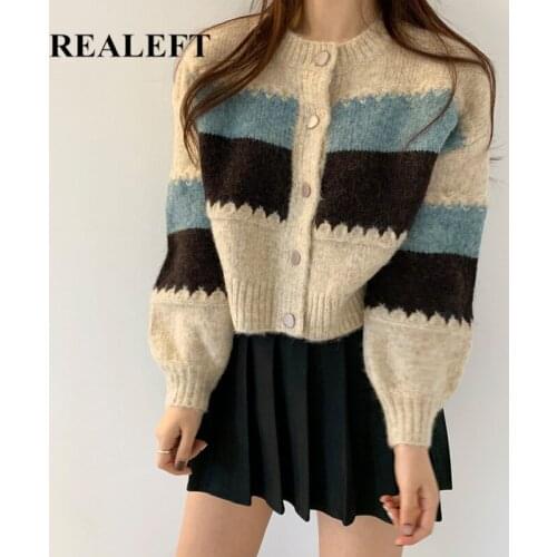 REALEFT Autumn Winter Womens Knitted Cardigans 2021 New Fashionable Long Sleeve Round Neck Single Breasted Knitting Coat Female