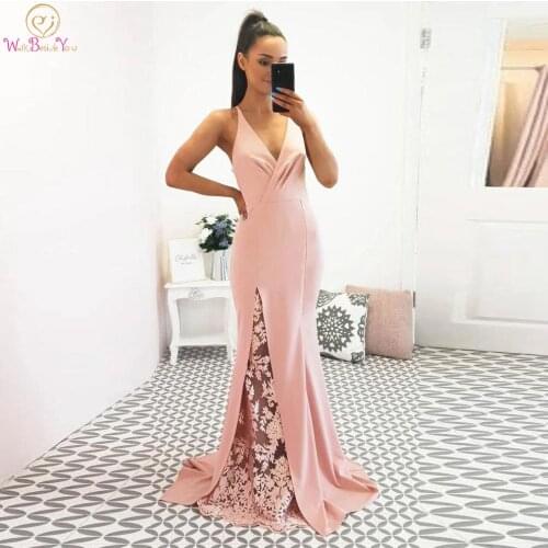 Evening Dress Women Elegant 2020 Satin Blush Pink Prom Gown Junior Girl V Neck Formal Gown Mermaid Open Back Sheer Lace Slit