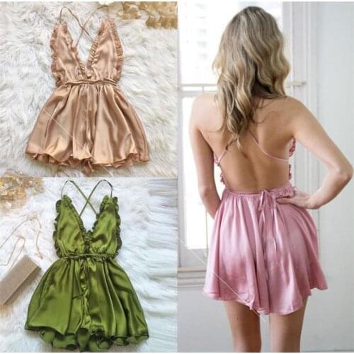 Womens Silky V-neck Spaghetti Strap Short Bodysuit Sexy Backless Bodysuit