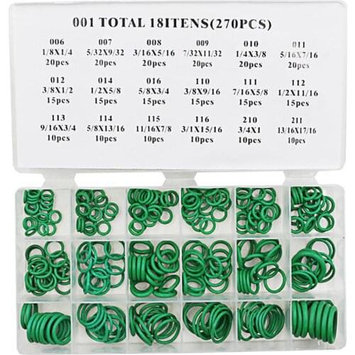 270Pcs 18 Sizes O Ring Rubber Washer Seals Assortment Green O-Ring Seals Set Rubber Washers For Car Air Conditioner Hand Tool