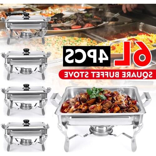 6L 4Packs Stainless Steel Square Buffet Stove Chafing Dish Buffet Stoves Caterer Food Warmer Burner Tray Wedding Party