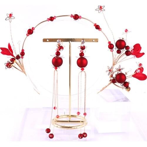 Chinese Bride Hair Accessories Red Flower Pearl Bridal Headband With Earrings Wedding Hair Jewelry Tiaras Women Headpiece
