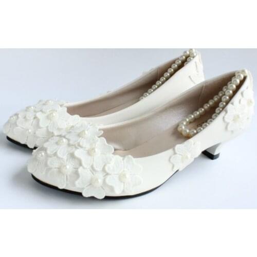 Lace flower white wedding shoes women fashion womens spring summer ankle beading string straps bridal pumps shoes