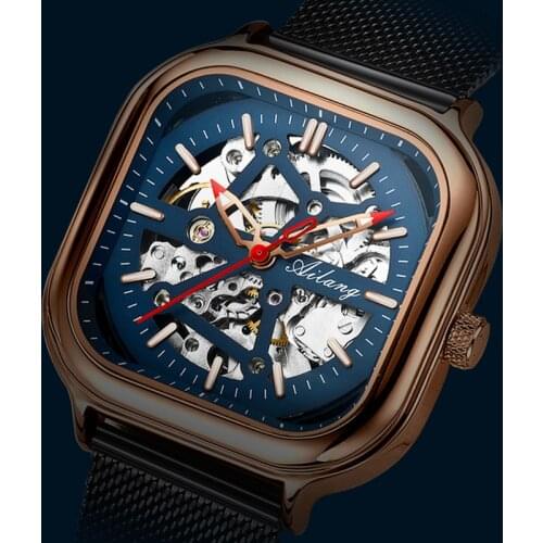 AILANG Automatic Metal Hollow Square Watch Luminous Waterproof Stainless Steel Mens Watch Business Formal Luxury Mens Watch