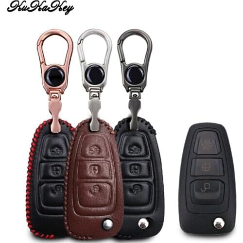 3 Button Genuine Leather Car Remote Key Fob Cover Case For Ford Focus 3 MK3 ST RS Ecosport kuga Escape fiesta Key Shell Bag