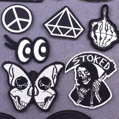 Black And White Patches For Clothes Embroidery Patch Applique Iron On Clothing DIY Badges Patches For Punk Clothing Accessories
