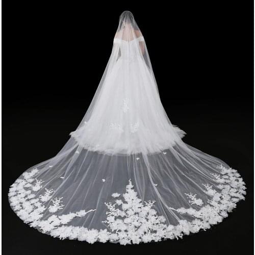 Cathedral Bridal Veils For Wedding Dress Bridal Gown 3D Flowers Soft Tulle White Ivory Tulle One Layer With Comb