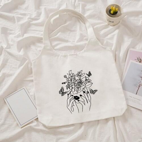 Cotton Simple Creation Hands Line Art Canvas Totes Simlple Print Shopping Bags Girl White and Black Life Casual Pacakge New Tote