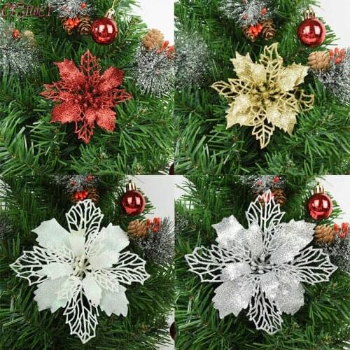 9/11/16cm Glitter Artifical Christmas Flowers Merry Christmas Ornaments Xmas Tree Decorations Home Fake Flowers New Year Decor