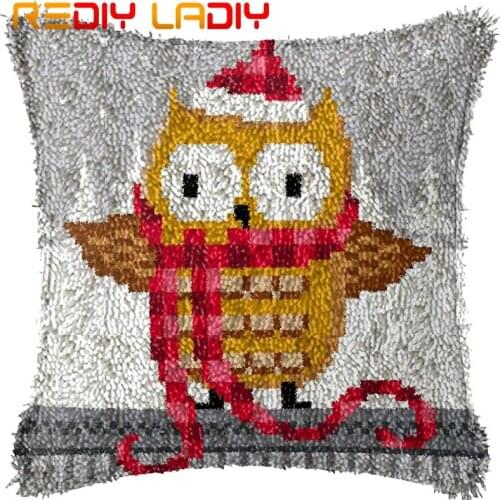 Latch Hook Cushion Christmas Owl Pre-Printed Canvas Cushion Cover Acrylic Yarn Crochet Pillow Case Kits Hobby & Craft Home Decor