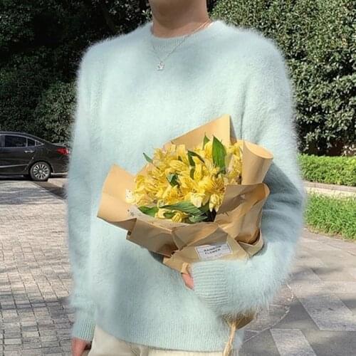 Mint Green Color Round Neck Fluffy 2021 New Mink Cashmere Sweater Winter Warm Pullover JNS307