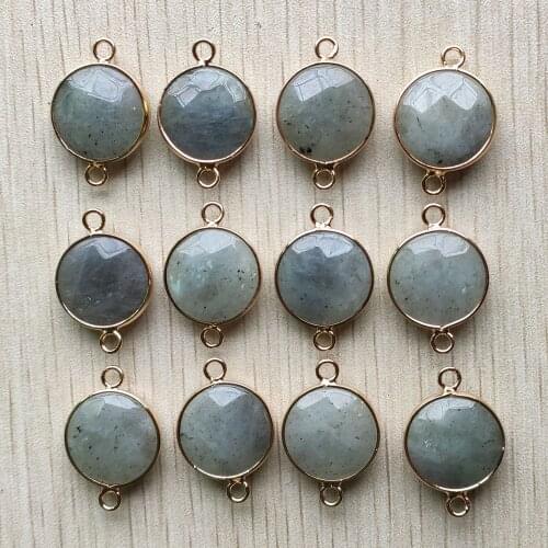 Wholesale 12pcs/lot Natural labradorite stone Connector charms section round pendants 16mm for bracelets Jewelry Making free