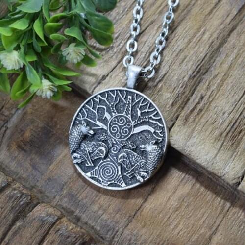Viking World Tree Double Wolf Pendant Necklace Wicca Pagan Jewlery For Men Women