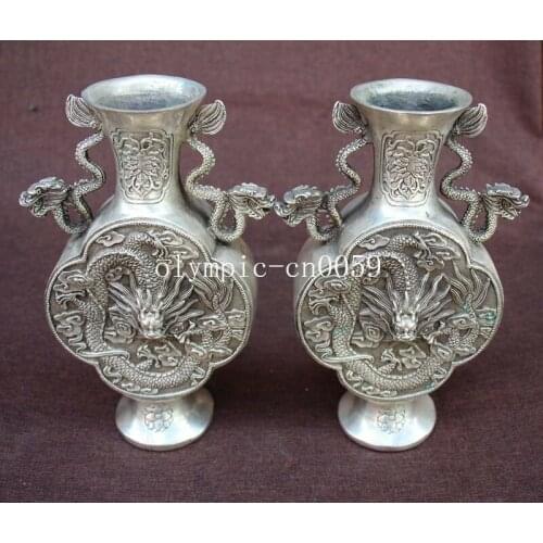 Pair 8'' bronze copper silver plating carvings auspicious beast dragon vase