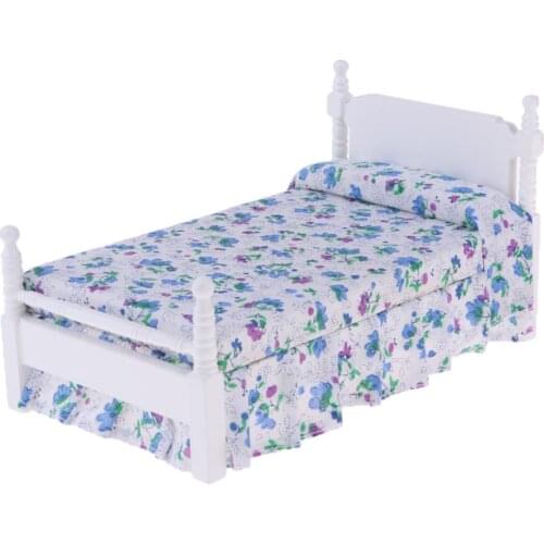Prettyia 1/12 Wooden Floral Bed Model Furniture Dollhouse Bedroom Accessory