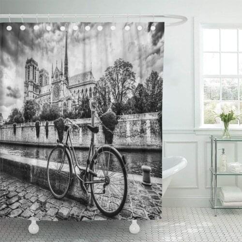 Retro Bike Next to Notre Dame Cathedral in Paris Shower Curtain Waterproof Polyester Fabric 72 x 78 Inches Set with Hooks