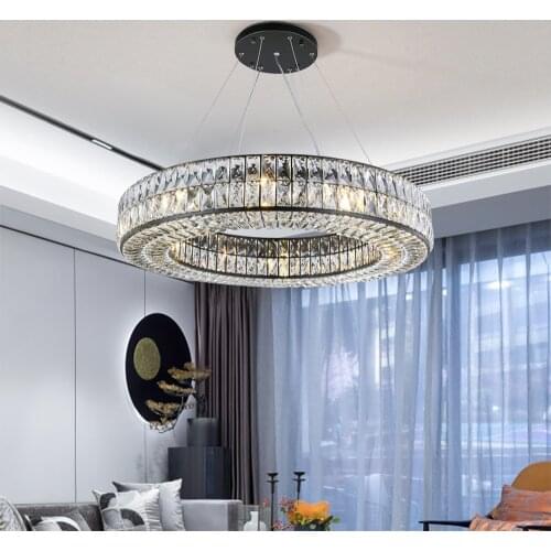 Modern luxury black chandelier for dining room large led crystal kitchen island light fixture living room round hanging lamp