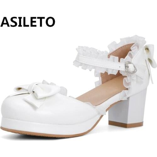 ASILETO Mary Janes Pumps Cute Lace Pearl Bowtie Princess Lolita 6CM Square High Heel Ankle Buckle Strap Cosplay Big size 32-48